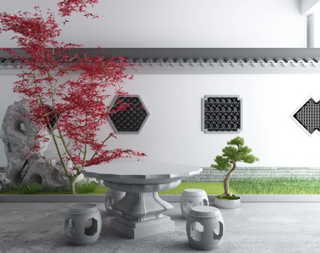 New Chinese Japanese-style Garden Landscape Gardening Setches Japanese-style Courtyard Wall Outdoor Stone Bench Rock View