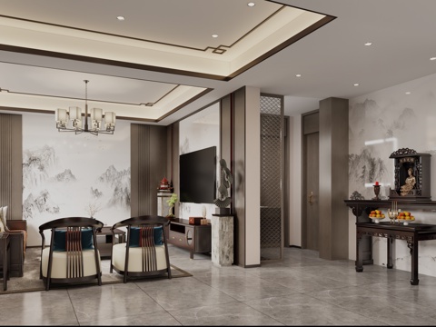 New Chinese Living&Dining Room New Chinese Sofa New Chinese TV Cabinet New Chinese Dining Table and Chair Chandelier
