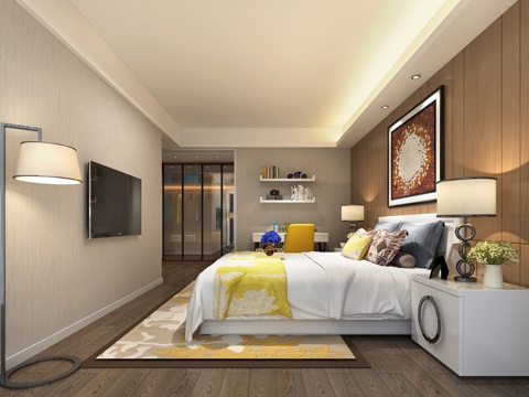 Modern Minimalist Bedroom Double Leather Bed Fabric Bed Bedside Table Chandelier Table Lamp