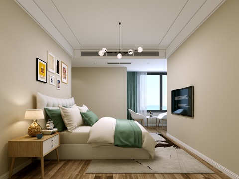 Nordic Simple Bedroom Double Bed Leather Bed Fabric Bed Bedside Table Chandelier Table Lamp