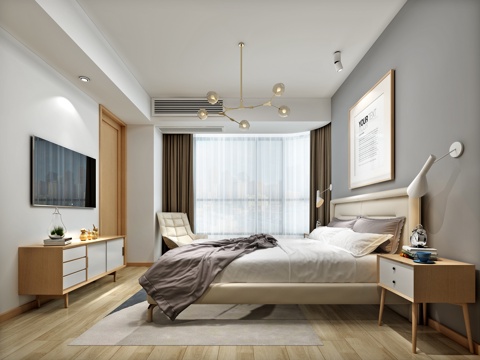 Nordic Simple Bedroom Double Bed Leather Bed Fabric Bed Bedside Table Chandelier Table Lamp