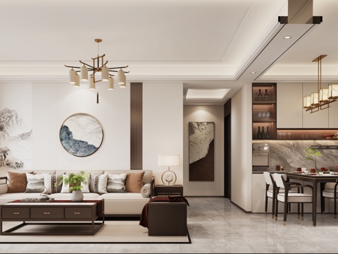New Chinese Living&Dining Room New Chinese Sofa New Chinese Dining Table New Chinese Chandelier