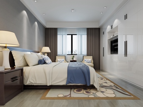 Modern Minimalist Bedroom Double Leather Bed Fabric Bed Bedside Table Chandelier Table Lamp