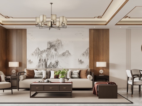 New Chinese Living&Dining Room New Chinese Sofa New Chinese Chandelier New Chinese Round Table