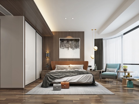 Modern Minimalist Bedroom Double Leather Bed Fabric Bed Bedside Table Chandelier Table Lamp