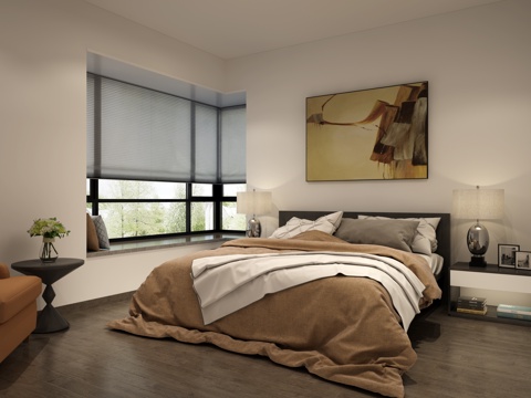 Modern Minimalist Bedroom Double Leather Bed Fabric Bed Bedside Table Chandelier Table Lamp