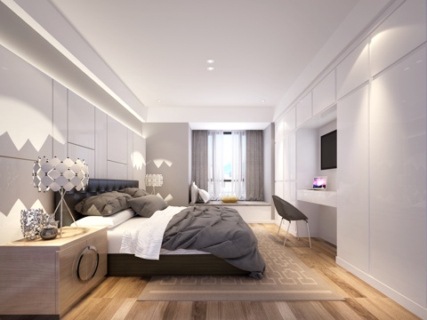 Modern Bedroom Double Bed Leather Bed Bedside Table Chandelier Table Lamp Carpet Wardrobe