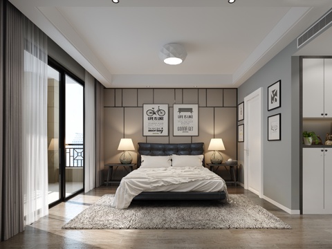 Modern Bedroom Double Bed Leather Bed Bedside Table Chandelier Table Lamp Carpet Wardrobe