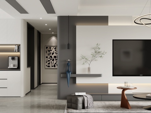 Now black and white gray Living&Dining Room black and white gray TV background black and white gray sofa modern chandelier dining table and chair