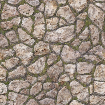 Seamless beige moss rock wall road ground