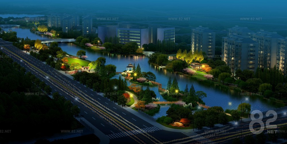 Segamat Riverside Night. View modern riverside park night view bird's eye view psd | 3Ds Max(.max ...