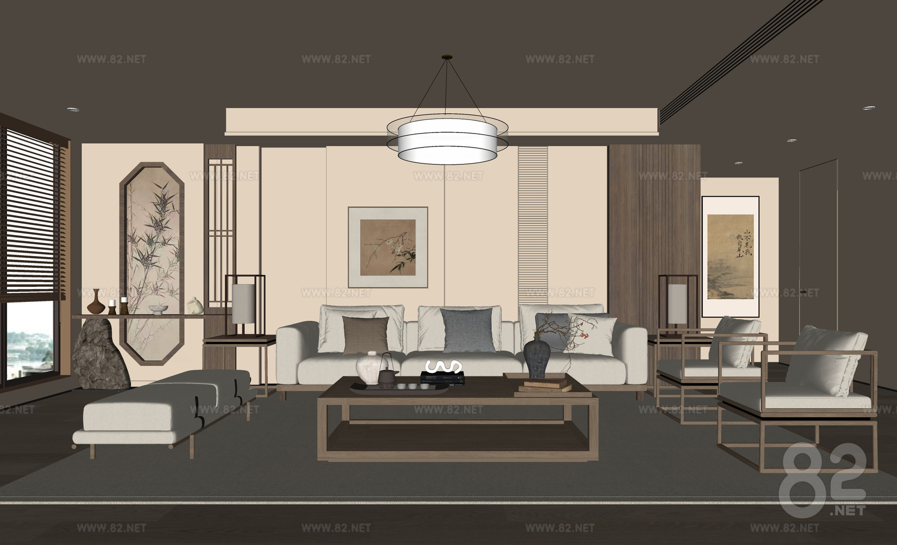 New Chinese Song Style Living Room Sofa Coffee Table Combination Lounge Chair Chandelier Hanging Picture