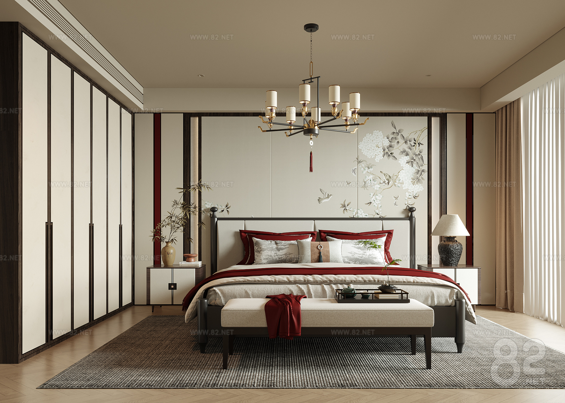 New Chinese Bedroom Bed End Stool Double Bed Bedside Table