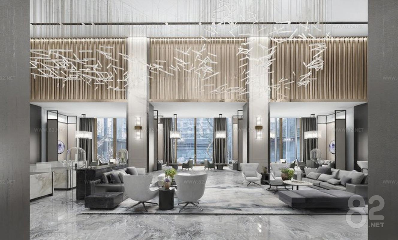 Hotel lobby interior design modern luxury high-end clubhouse space 3D ...