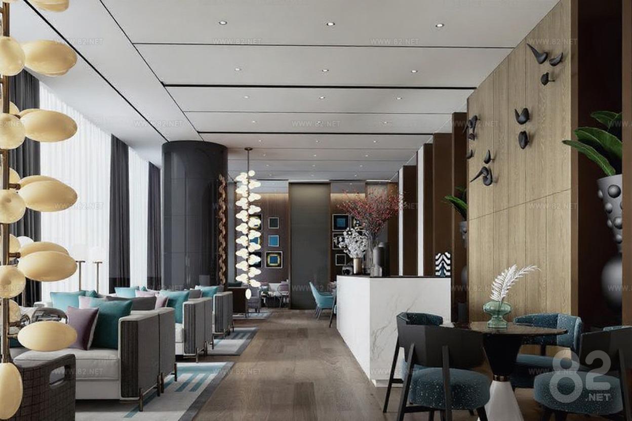High-end modern interior space design hotel lobby club 3D rendering ...