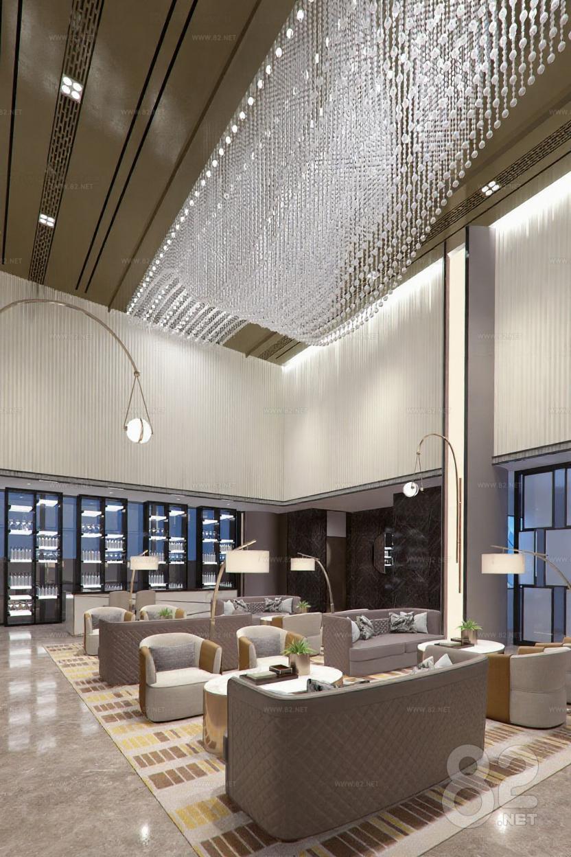 High-end hotel lobby 3D rendering renderings modern luxury new Chinese ...