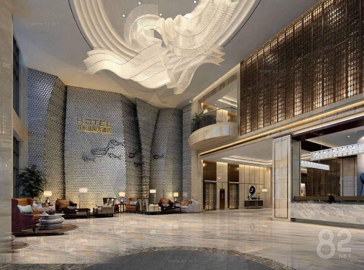 High-end hotel lobby 3D model cover design modern luxury new Chinese ...