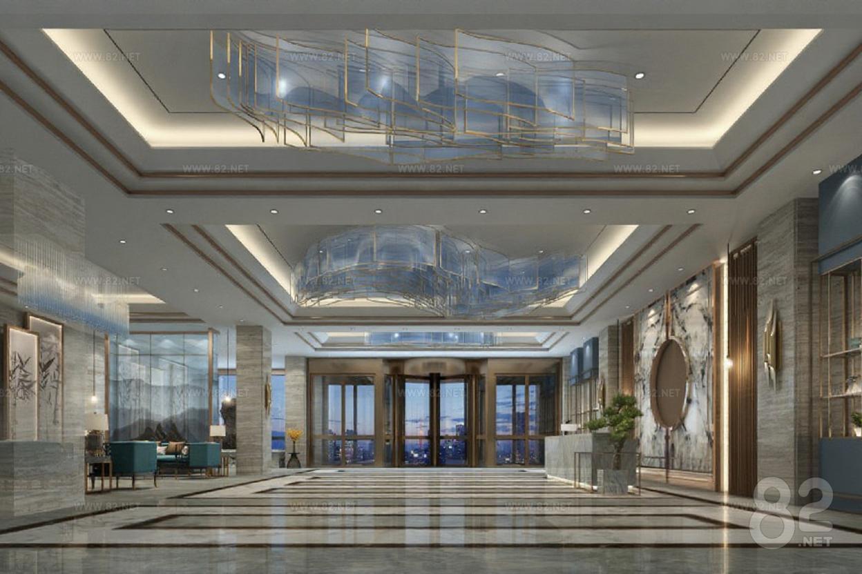 Luxury Hotel Lobby 3D Rendering Effect Diagram Modern Chinese Style ...